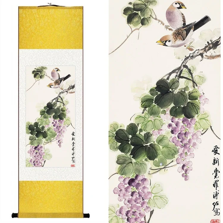 

Chinese Silk watercolor flower and birds Grape Two Birds ink art feng shui canvas wall picture damask framed scroll painting