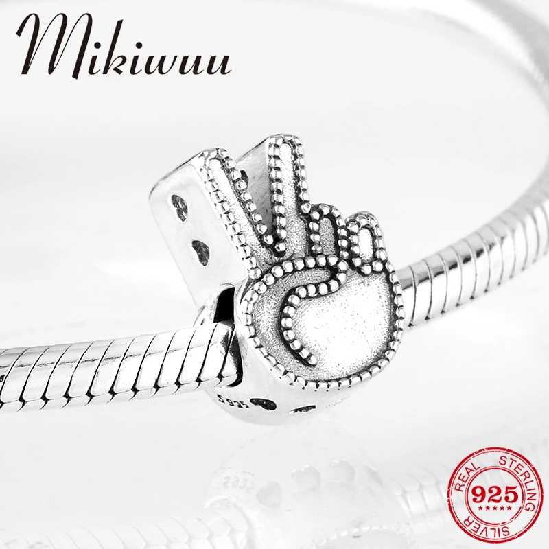 

925 Sterling Silver Creative victory sign gesture shape fine Beads Jewelry making Fit Original Pandora Charm Bracelet