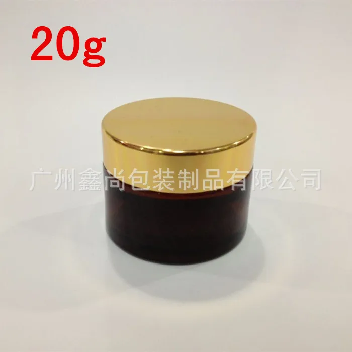 

30pcs empty 20g amber glass cream jar with shiny gold aluminum lid , empty 20 g glass brown cosmetic packaging for eye cream