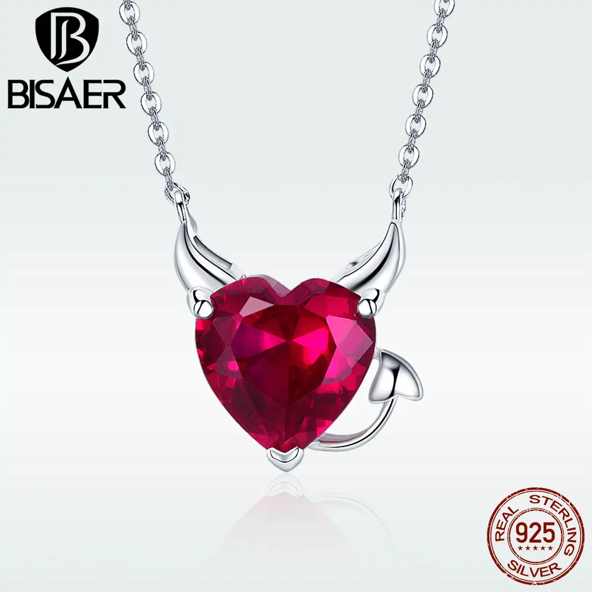 Heart Necklace Genuine 925 Sterling Silver Devil Red Stone Heart