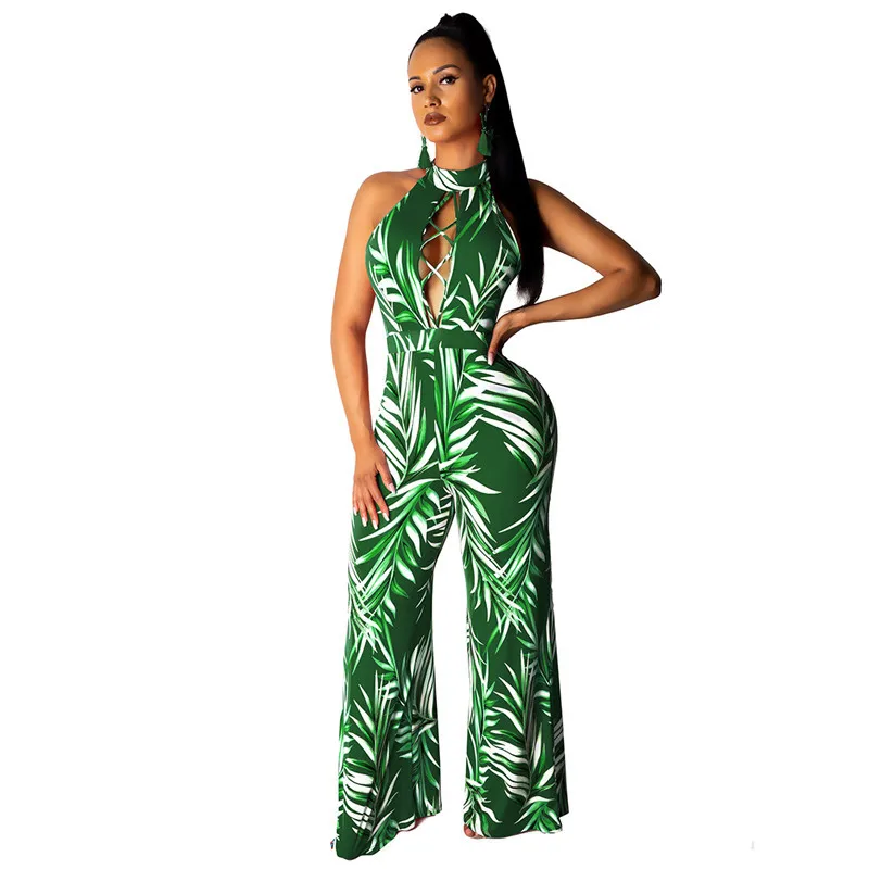 Echoine Party Jumpsuit Women Sexy Halter Leaf Print Cross Strap Backless Cut Out Long Wide Leg Pants Female Romper Street Outfit