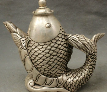 

wholesale factory 9" Chinese Silver Buddhism Lotus Leaf Wealth Fish Shape Statue Teapot Wine Pot