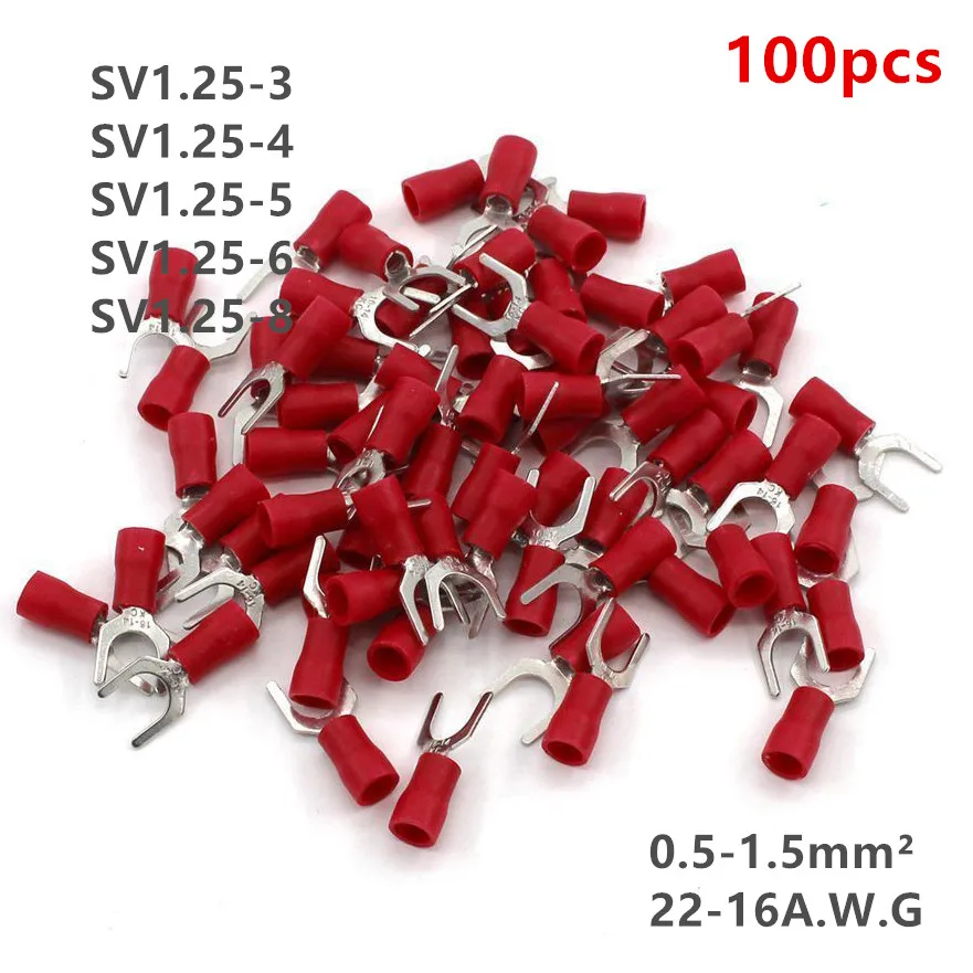 

100pcs SV1.25-3 Insulated Spade Terminal Block Connector Electrical Furcate Lug Crimp Cable Wire Forked End Insulation