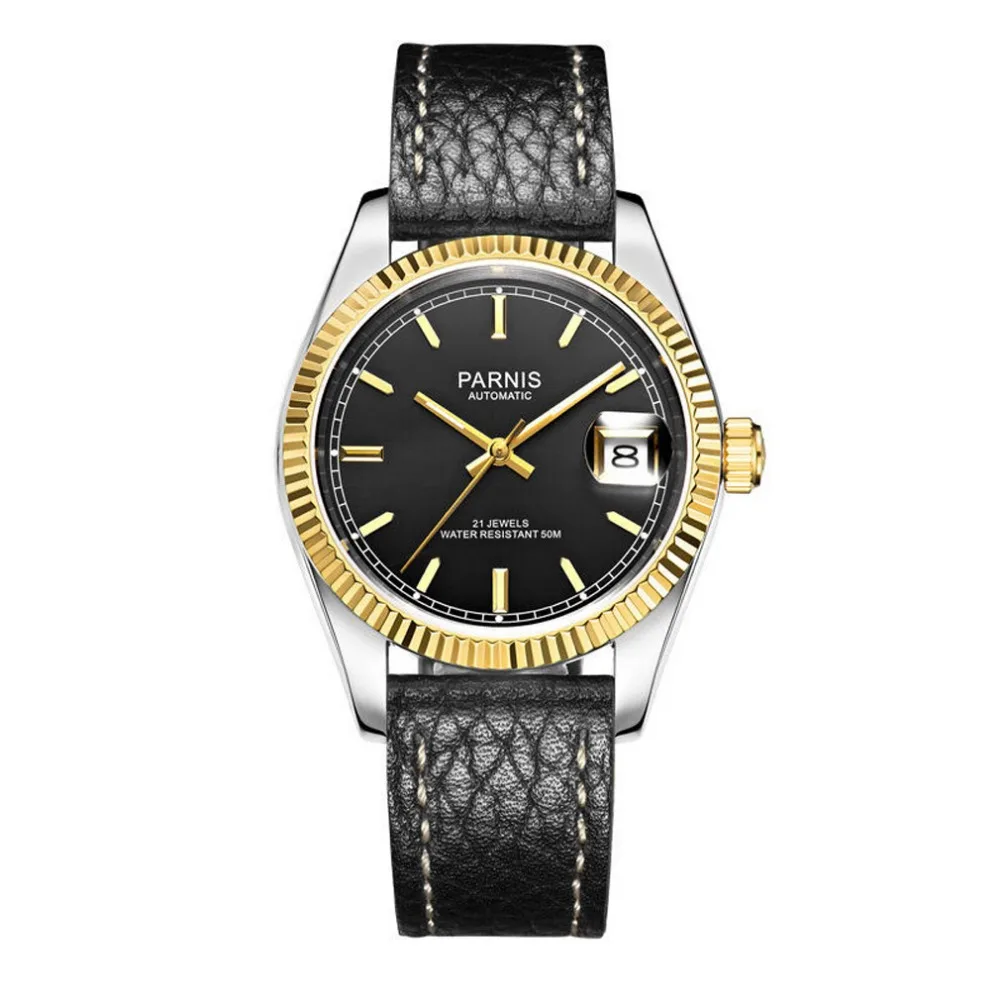 Parnis Royal Seriers Luminous Mens Leather Watchband Fashion Big Dial Dual Calendar Automatic Mechanical Watch Wristwatch