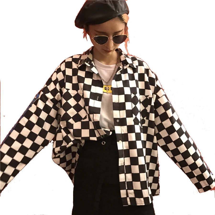 Женская рубашка в клетку с длинным рукавом и принтом пламени|black white plaid shirt|womens tops