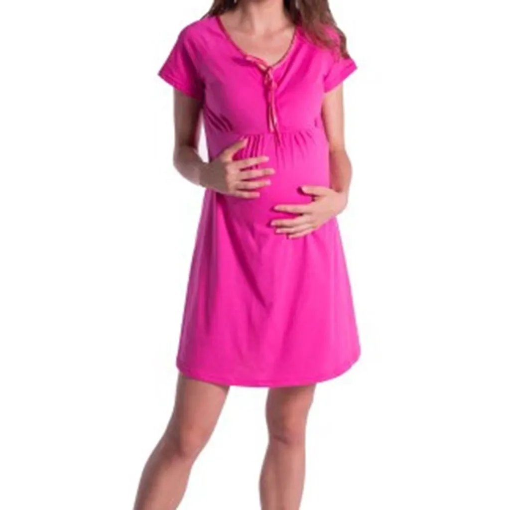 LONSANT платье для беременных Для женщин Сплошной короткий рукав платье Для женщин Мода для беременных отдыха Грудное вскармливание летнее