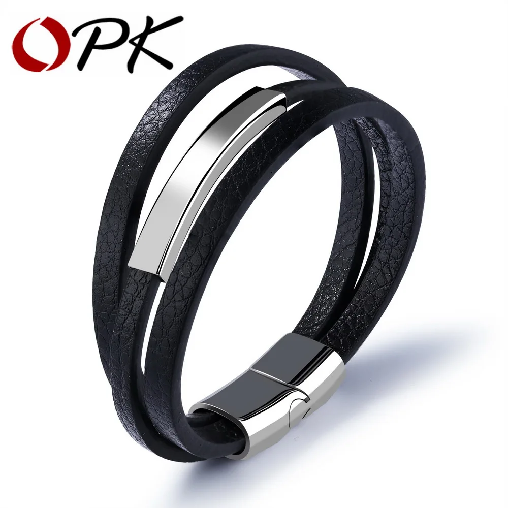 

OPK Casual There Layer Genuine Leather Man Bracelets Simple Design With Magnet Buckle Men Handmade Wrap Jewelry Gift PH1132