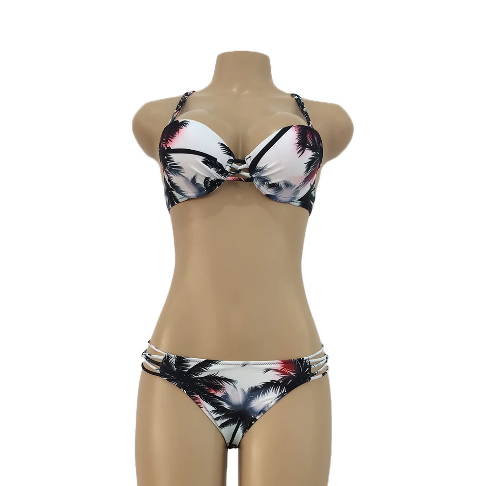 

Push Up Bikinis Palm Tree Bikini Strappy Swimwear Women swimsuit fused Bandage Padded Bra Print Bathing Suit 2018 Retro maillot