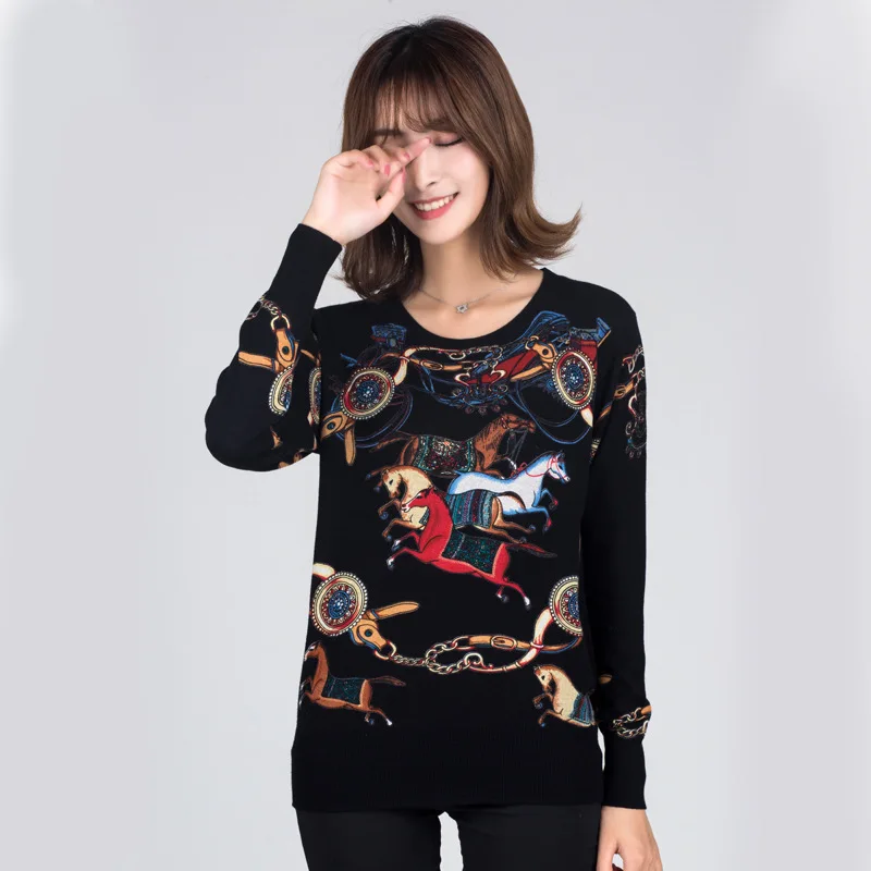 Winter Runway Sweater Women Luxury Brand Design Elegant Long-sleeve Loose Printed Sweater Knitted Pullovers Tops Feminino New