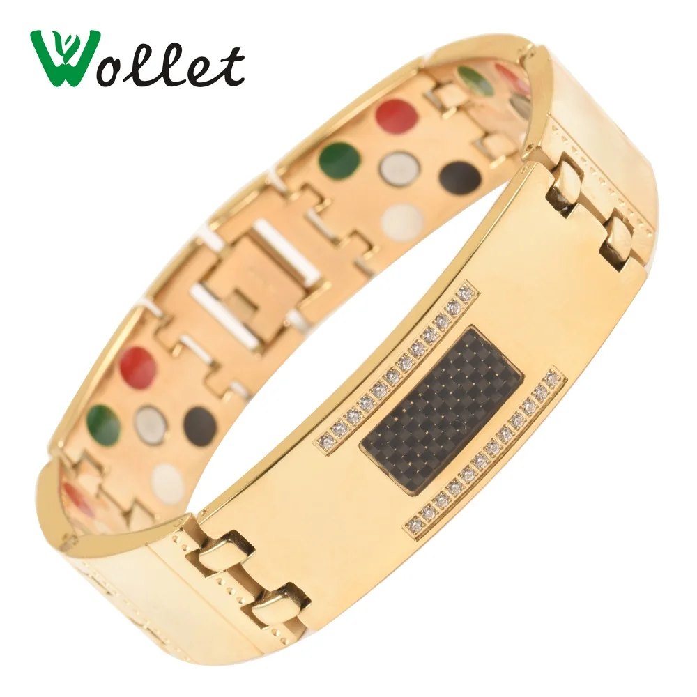 Ювелирные изделия Wollet, 5 в 1, титановый магнитный браслет для мужчин, CZ камень, черное углеродное волокно, золотой, черный, серебряный цвет, забота о здоровье, исцеление