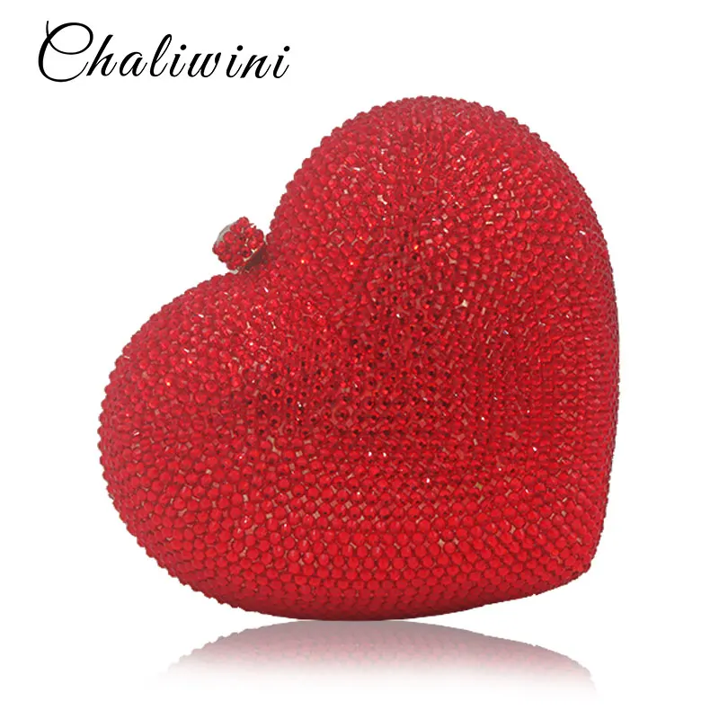 Luxury Red Heart Shape Crystal Women Clutch Bag Rhinestone Evening Bag Party Purse Heart Shaped