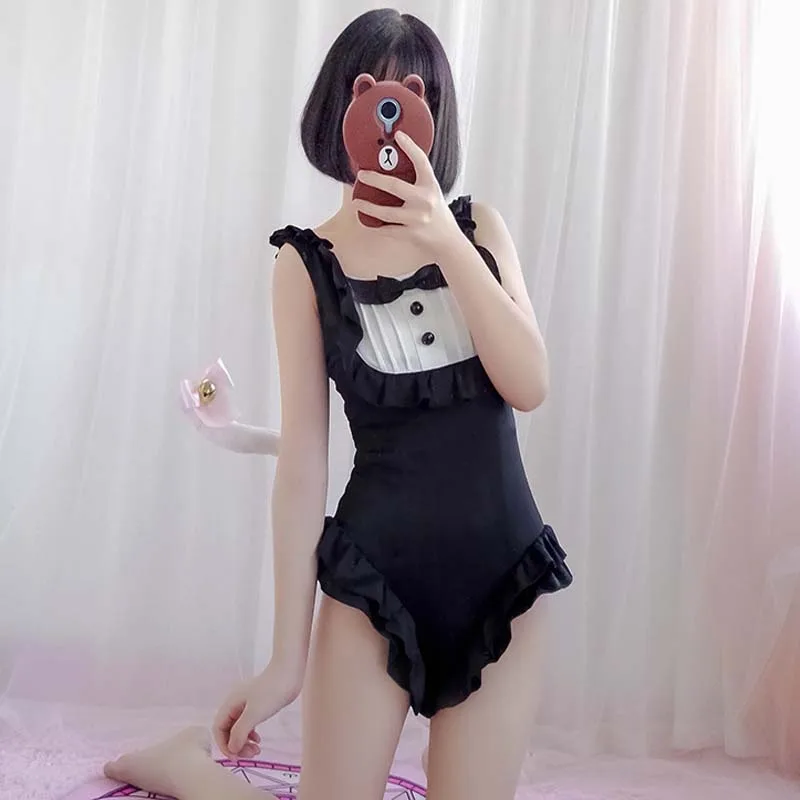 Summer Girls Women One Piece Swimsuits Japanese Style Cute Sweet Maid Sexy Beach Swimwear Quick Dry Backless Female Beachwear