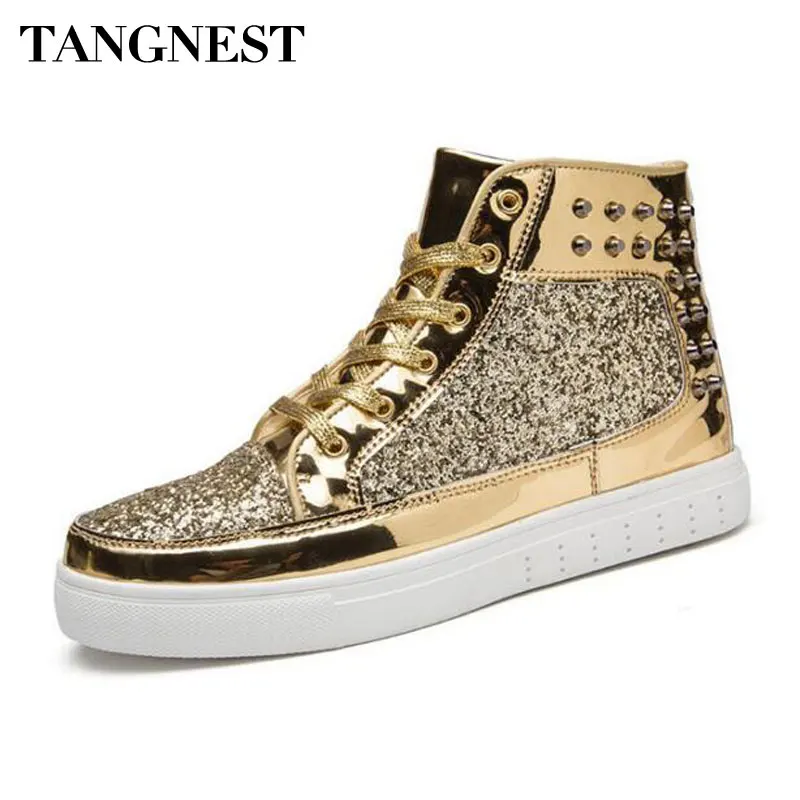 

Tangnest Luxury Brand Men Shoes 2018 Fashion Sequined Toe Men Boots Bling Side Zip High Top Shoes Man Casual Flat Shoes