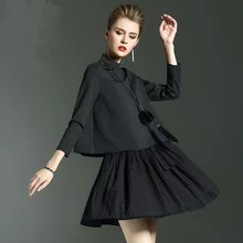 New Spring Summer 2017 Pure Color 7 Minutes Of Sleeve Two-piece Pleated Vest Skirt Suit Women Dress High Quality 4size 2color