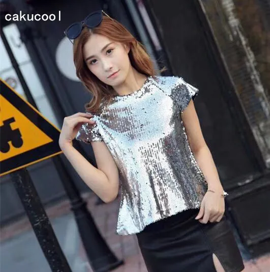 Cakucool Новый Bling футболка Для женщин летние шорты рукавом Полный кофта с блестками