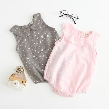 

Infant Toddler Star Print Pocket Rompers Peter pan Collar 2019 New Fashion Baby Girls Sweet Summer Cotton Rompers