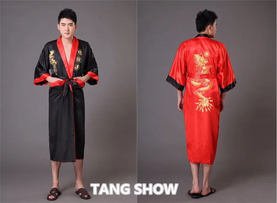 Черный Темно-синие Реверсивный Для мужчин кимоно платье Китайский Мужской два боковых атлас халат Вышивка Дракон пижамы плюс Размеры XXXL mp070