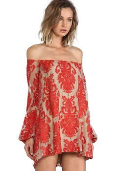 

Women Sexy Off-the-shoulder Floral Embroidery Long Sleeves Lace Mini Dress