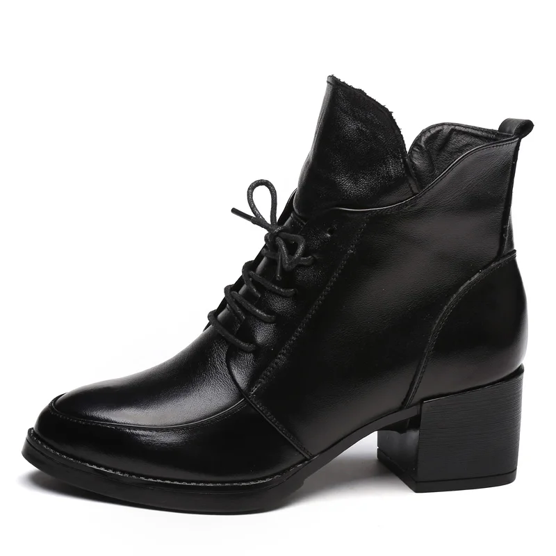 DRKANOL/женские ботинки из натуральной кожи на толстом каблуке; коллекция года; однотонные Черные Зимние ботильоны; мотоботы; Botas; теплая Женская обувь с острым носком