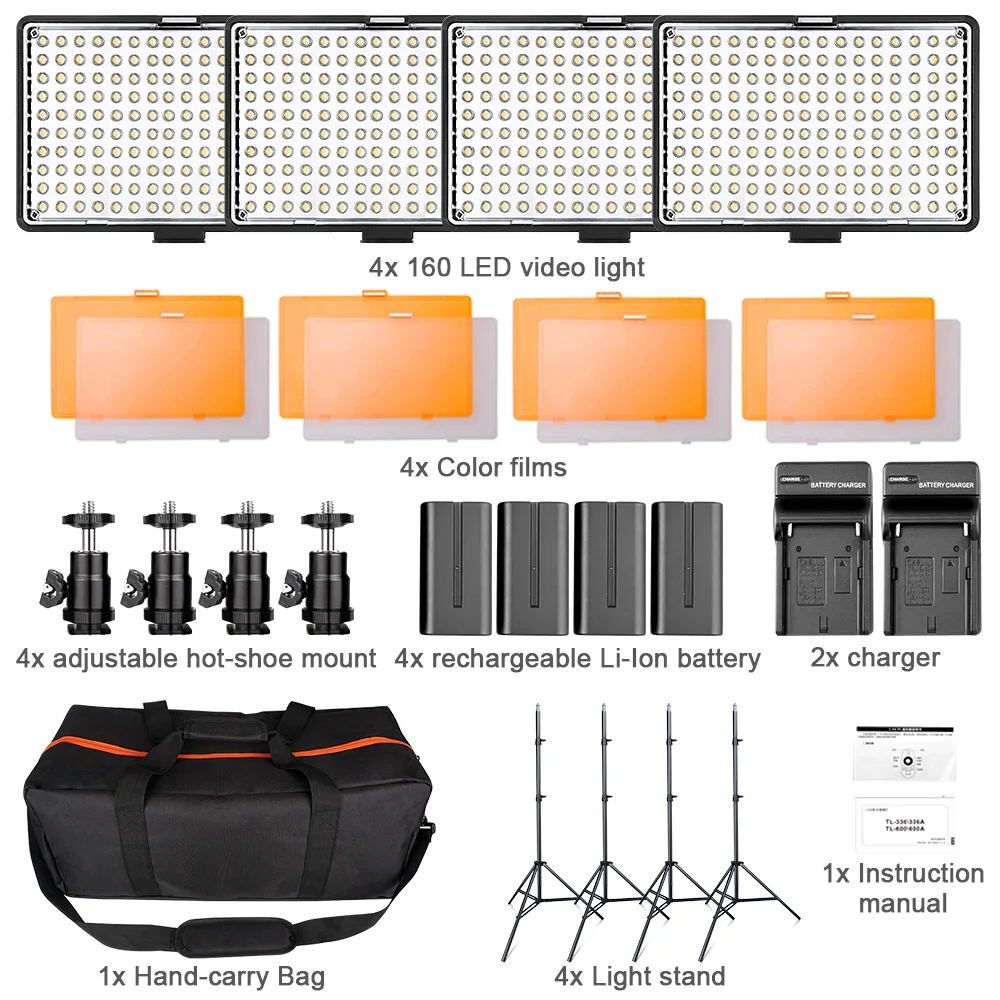 Travor 4 в 1 160 студийный светильник с регулируемой яркостью, светильник для камеры, панель для цифровой камеры DSLR, видеокамера, светильник для фотосъемки с 4 батареями