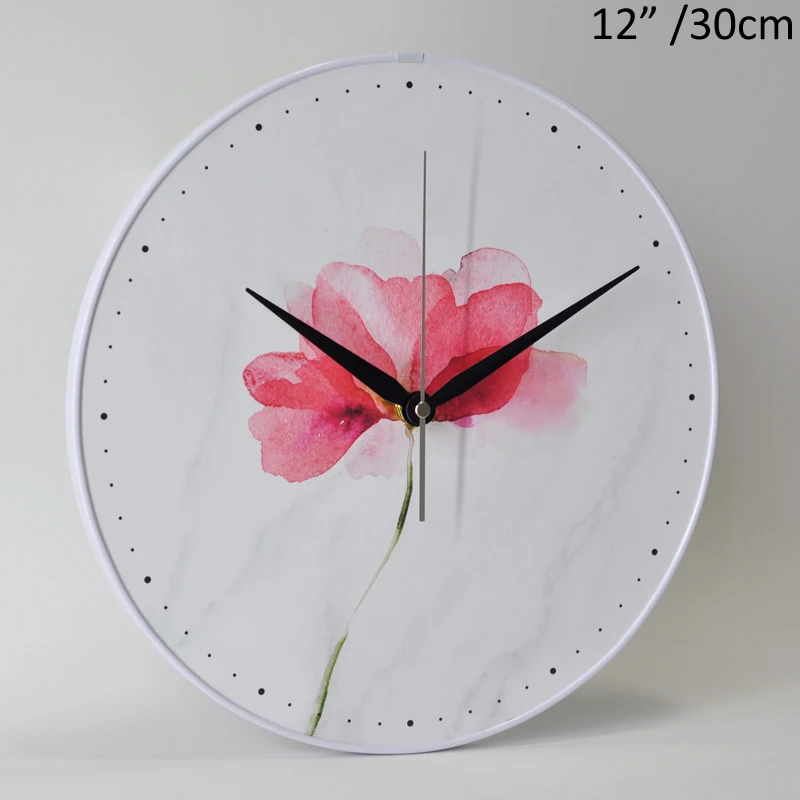 

European Modern Simple White with Red Flower Design 12 inches 30cm Round Single Face Home Decor Quiet Quartz MDF Wall Clock
