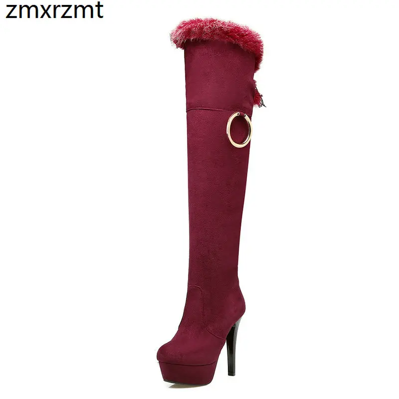 

2019 women knee high heel snow boots to keep warm in winter women shoes thin 12cm super high heel party shoes large size 34-43