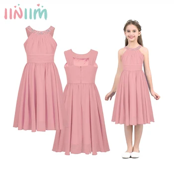 iiniim Girls Summer Party Dress Sleeveless Rhinestone Decor Halter Neck Chiffon Princess Dress for Wedding Flower Girls Birthday 1