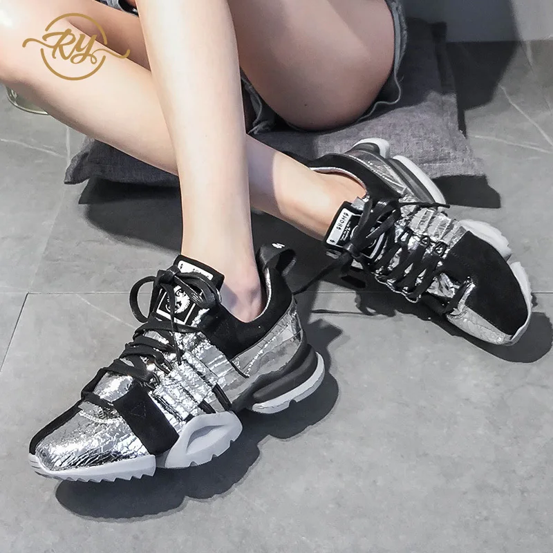 

RY-relaa fashion leather women's shoes 2019 new leather platform casual sports shoes silver wild running shoes