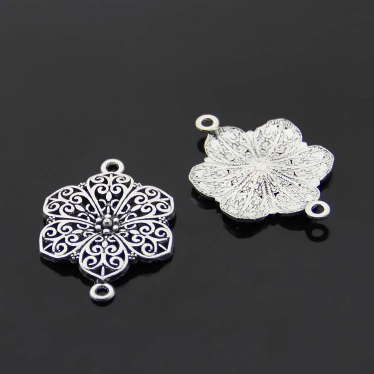 Free Shipping 10pcs/lot Antique Silver Planted Filigree 2 Holes Connection Flower Jewelry
