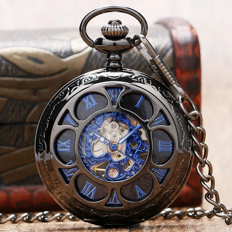 Роскошные стимпанк Hollow Скелет Механические карманные часы римскими цифрами набора Винтаж Fob цепь кулон часы Для мужчин Для женщин Подарки