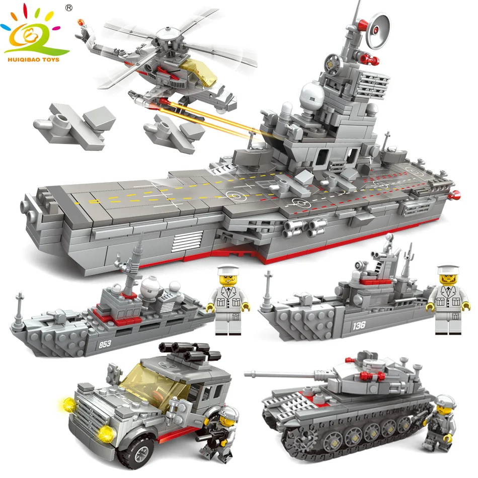 

HUIQIBAO TOYS 861PCS 5in1 Aircraft Warship Carrier Building Blocks For Children Compatible Legoingly Military Truck tank Bricks