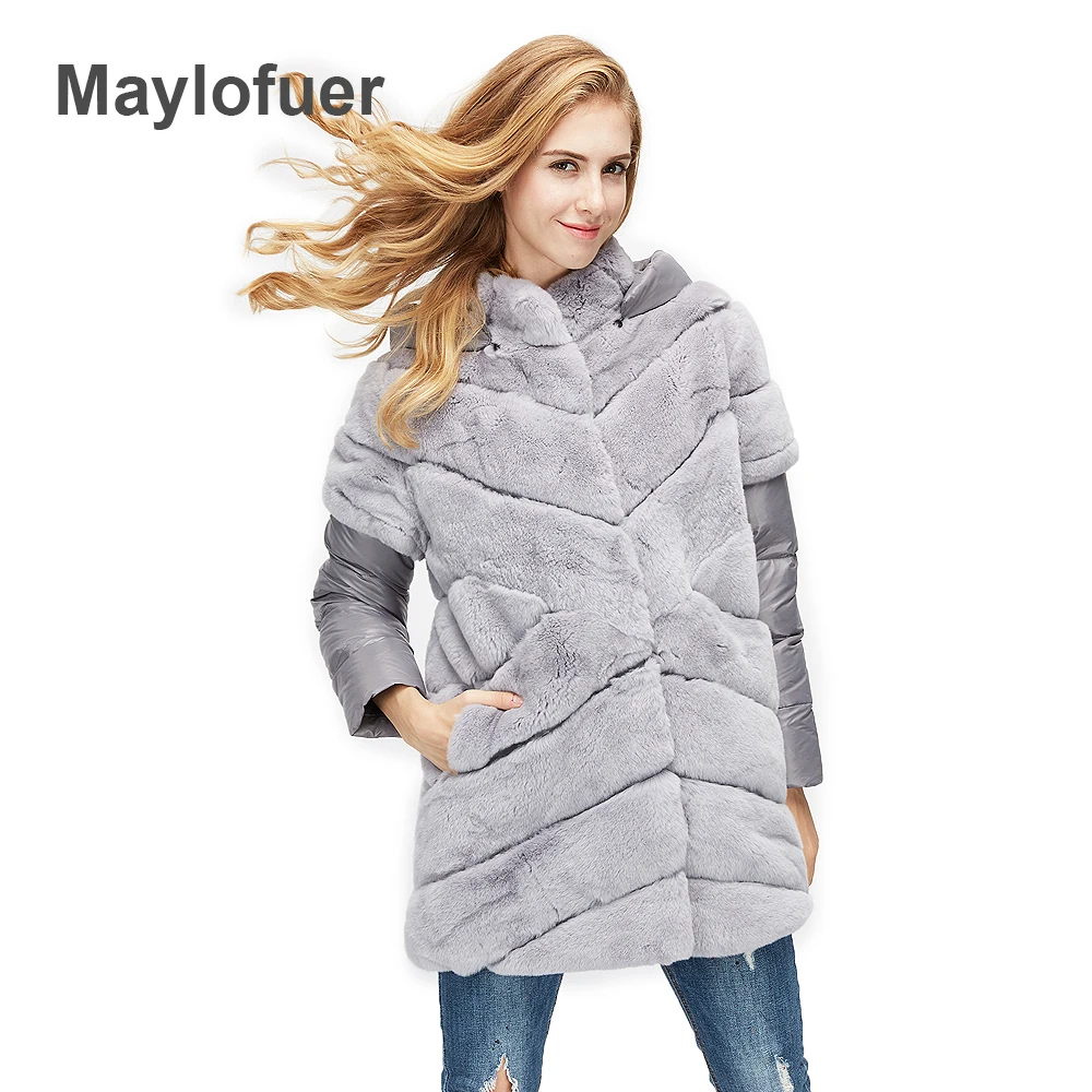 JUST KHAKI Maylofuer Women Natural Rex Rabbit Fur Coat Dismountable Down Sleeves Hooded Outerwear With Cotton | Женская одежда