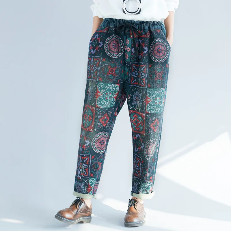 Женские Ретро весенние штаны с эластичным поясом и принтом, Женские винтажные брюки с принтом, женские штаны в национальном стиле