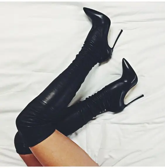 

Hot Black Leather Thigh High Boots Women Stilettos Pointy Toe Over The Knee Slim Booty Autumn Botas Femininas Shoes Woman 2019