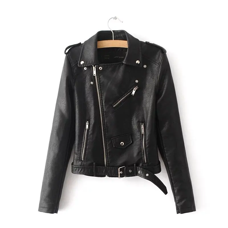 

Hot 2019 Autumn Black Faux Leather Women Jacket Zipper Rivet Belt Pu Leather Coats Female Motorcycle Short Outwear Biker Jackets