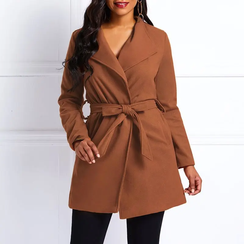 

Winter 2019 Casual Plus Size Office Ladies Elegant Women Overcoats Straight Lace Up Green Autumn Female Vintage Fashion Coats