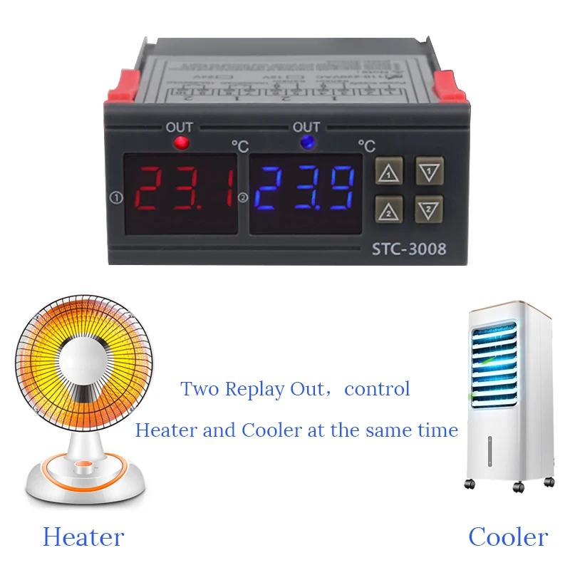 Dual Digital Temperature Controller Two Relay Output Thermostat Thermoregulator 10A Heating Cooling STC-3008 12V 24V 220V