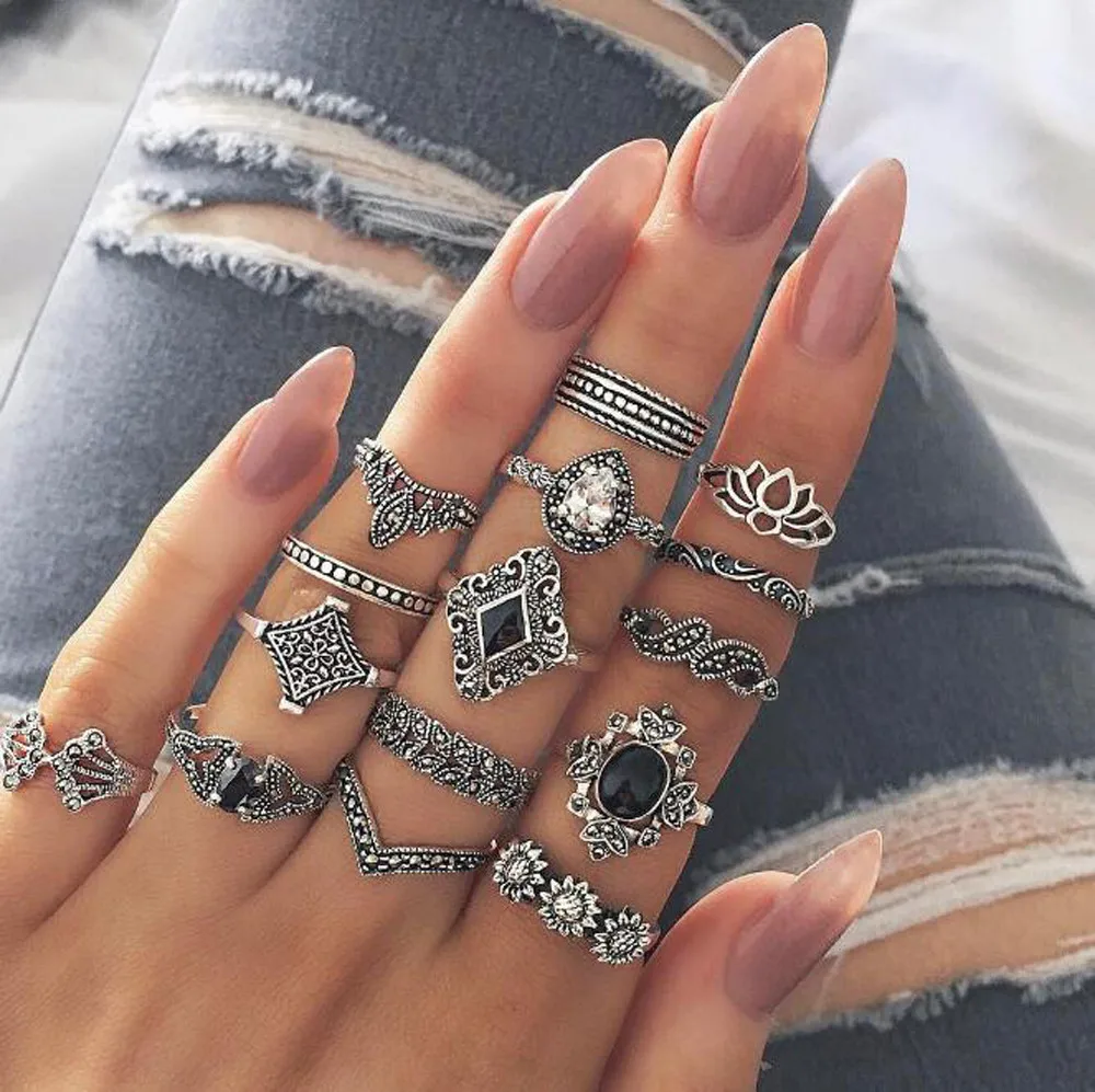 

Zerotime #501 2019 FASHION 15pcs/Set Women Bohemian Vintage Silver Stack Rings Above Knuckle Blue Rings Set Luxury Free shipping