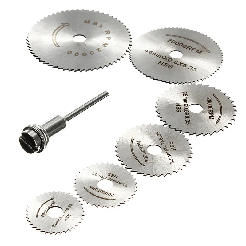 7pcs HSS аксессуаров для вращающихся инструментов 22/25/32/35/44/50 мм полотна циркулярной пилы для резки Колесные диски оправки для Dremel отрезать