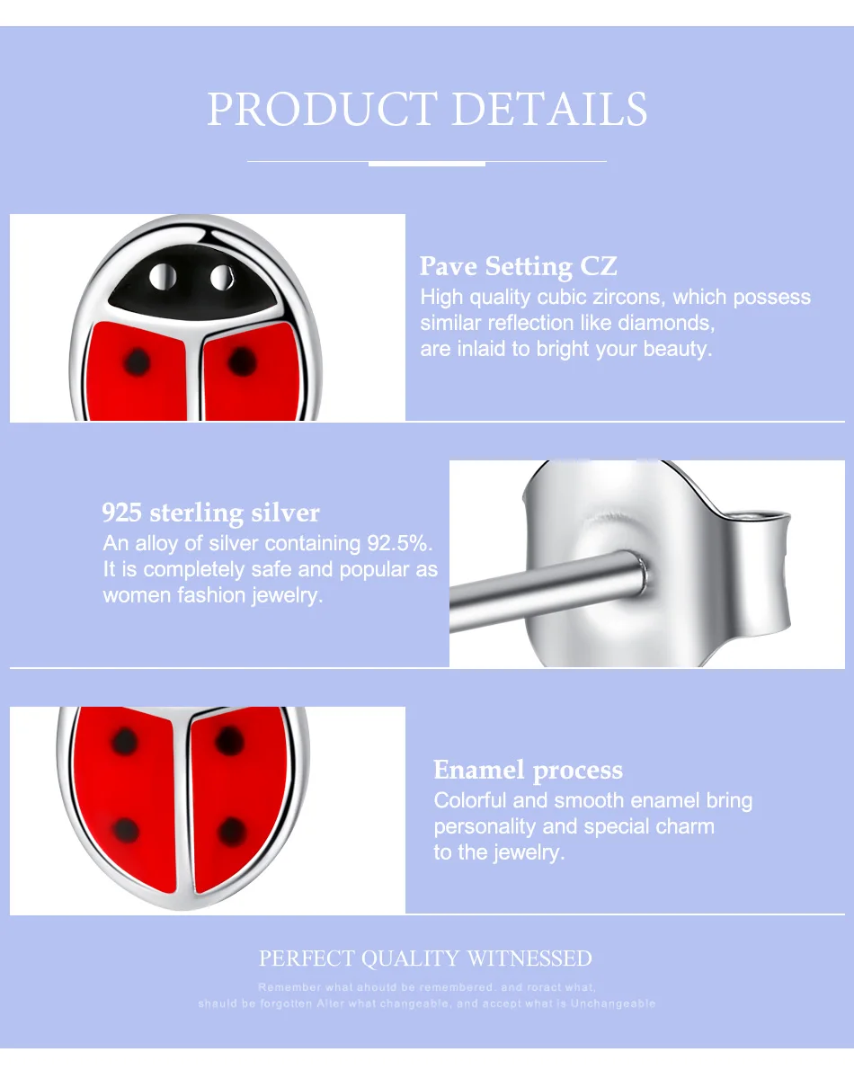 ELESHE модные 925 пробы серебряные серьги детские ювелирные изделия Красные эмалированные маленькие серьги-гвоздики в виде божьей коровки для маленьких девочек
