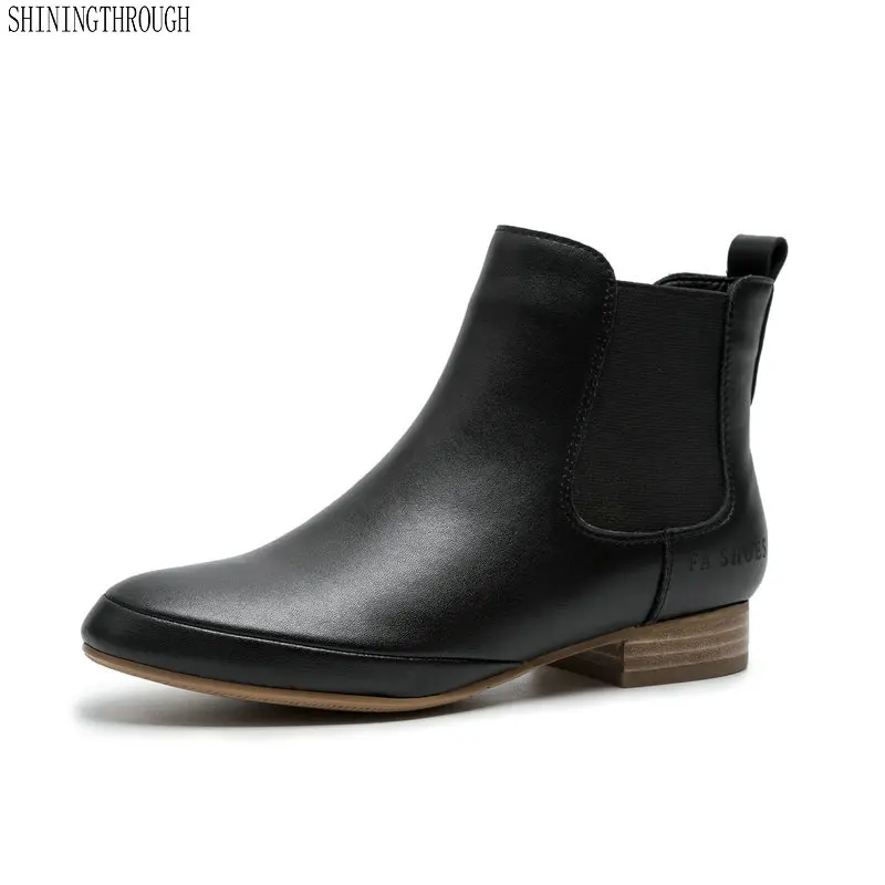 

Women Boots 2019 Genuine Leather Chelsea Boots Handmade low heels Ankle Boots Brand rouned Toe Chunky Ladies Shoes
