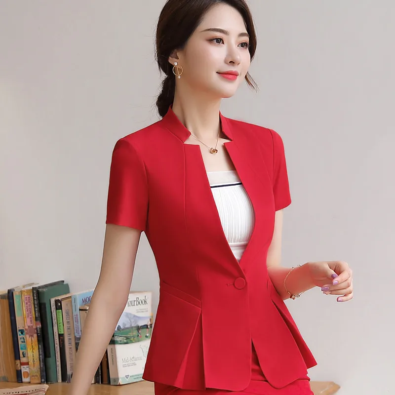 New fashion blazer women professional formal short sleeve slim jacket office ladies business work wear coat - Цвет: Red blazer