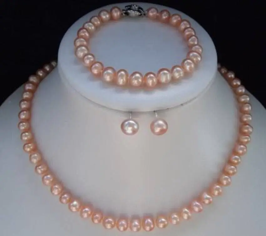 

Prett Lovely Women's Wedding NEW!7-8mm Pink Akoya Pearl Necklace Bracelet Earring Sets