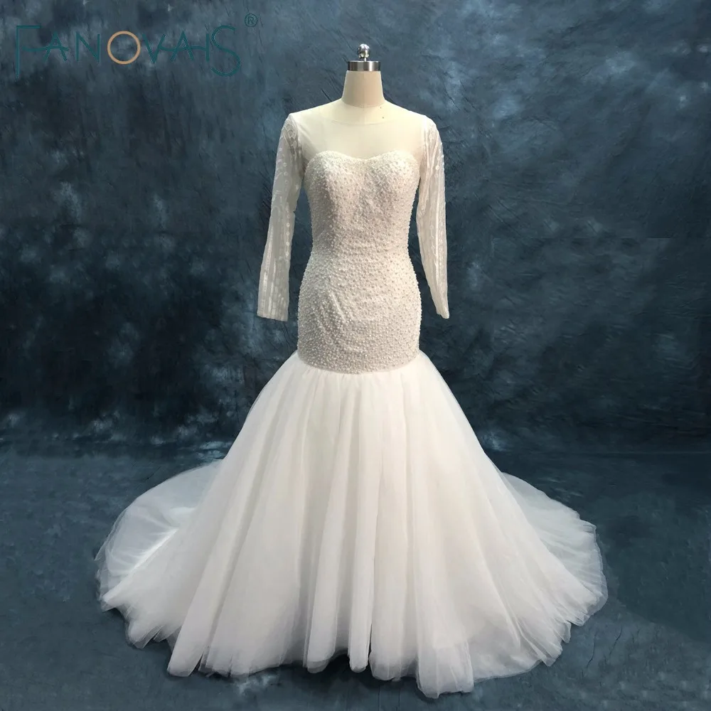 Pearl Beads Crystal Mermaid Wedding Dresses Long Sleeves Luxury lace