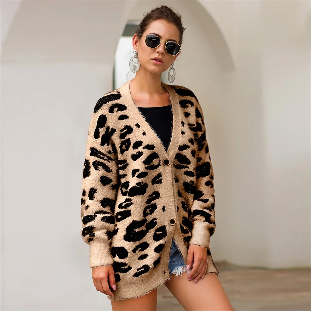 

winter clothes women Plus Size Women Button Knitted Leopard Long Sleeve V-Neck Sweater Cardigan blusa de frio feminina
