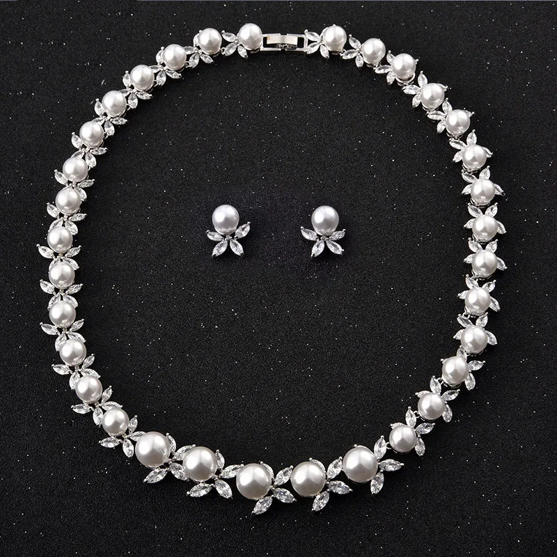 NEW Bridal Jewelry Sets Cubic Zirconia CZ For Women Pearls Flower Wedding  Choker Necklace Earring Jewelry Set - AliExpress
