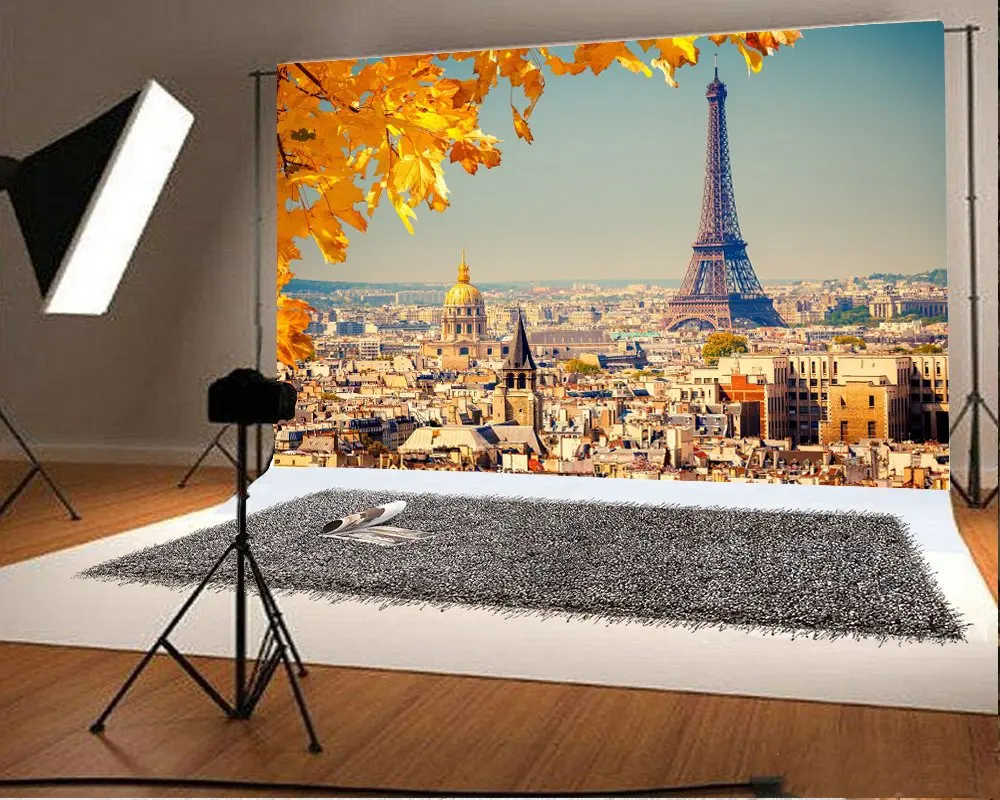 

Photography Backdrop Eiffel Tower France Paris Modern Building House Golden Leaves Autumn Nature Backdrops Party Studio