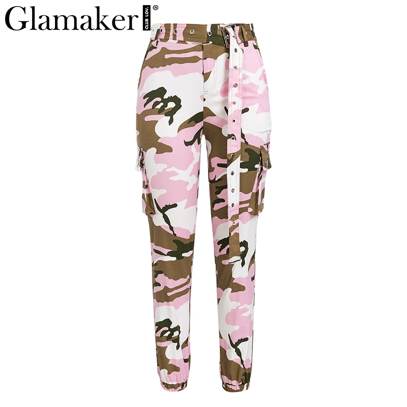 Розовый Glamaker камуфляж хлопок Высокая талия женские штаны Карго повседневные женские пикантные фитнес брюки для девочек летние обтягивающие нижние - Цвет: Розовый