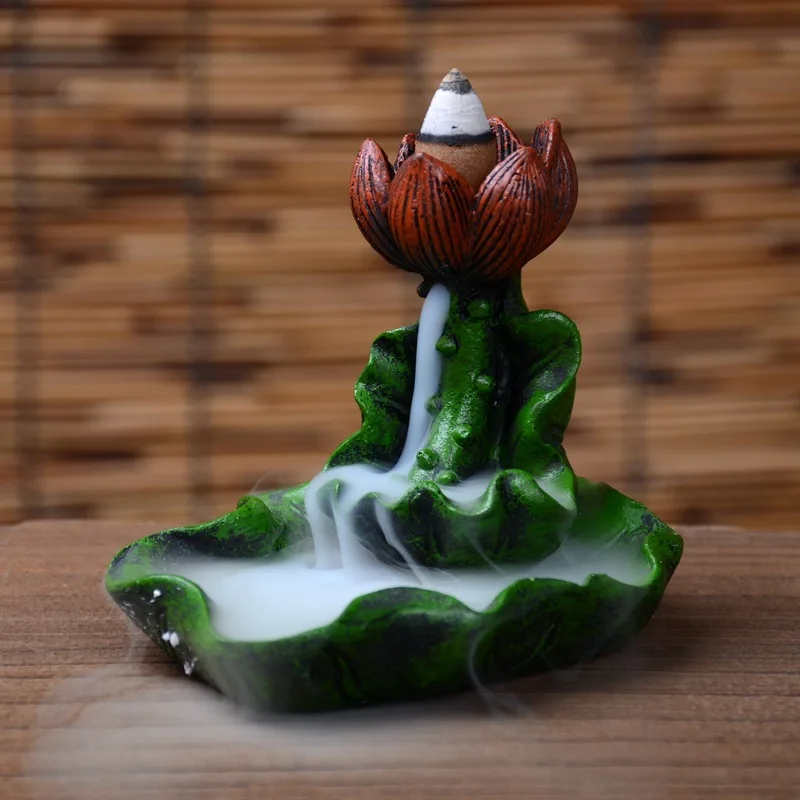 Lotus Leaf Flower Buddhist Burner Backflow Incense Burner With 10Pcs