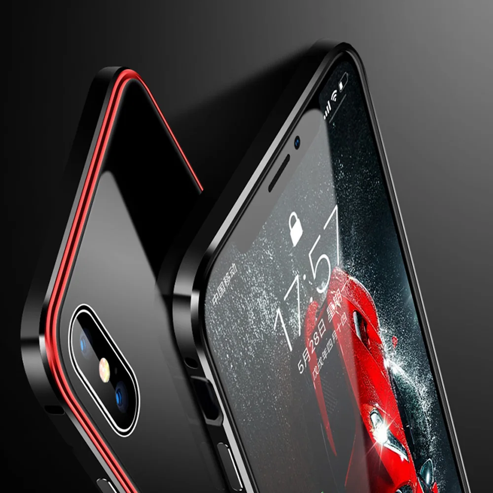 Baratos Funda de Metal de lujo para iPhone XR XS Max funda aluminio Metal parachoques fundas de teléfono de cristal templado para iPhone X 7 8 Plus funda Coque